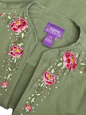 Chaqueta de mujer Suzanne Somers 3XL verde floral bordada estrás Cottagecore Foto 1 de 4