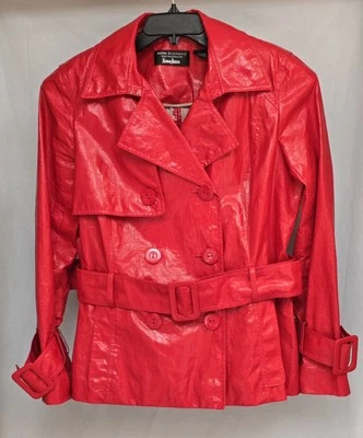 1990's Bright Red Vinyl Jacket Button-up Belted Dana Buchman For Nieman Marcus - Image 1 of 4