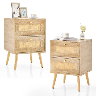Rattan Nightstand Set of 2 Boho Accent Bedside Table with 2 Storage Drawers - Image 1 of 4