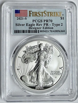 2021-S Reverse Proof $1 Type 2 American Silver Eagle PCGS PR70 First Strike Flag - Image 1 of 2