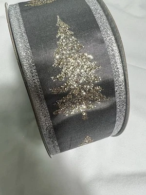 10 Yards 2.5 Inch Wired Ribbon Metallic Silver Gold Trees Winter Christmas - Image 1 of 2