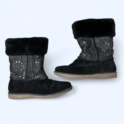 Black Leather Faux Fur Boots 6.5 BareTraps Studded Mid Calf Suede Goth Grunge - Image 1 of 4