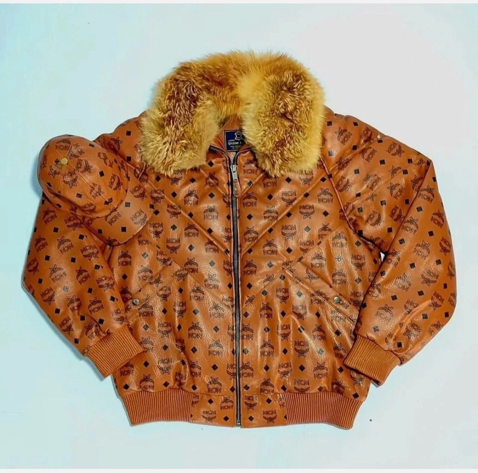 MCM Cognac Monogram Leather Puffer Jacket w/ Fur Collar + Matching Hat - Image 1 of 4