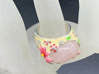 ANILLO DAVID SIGAL PLATA ESTERLINA 925 ESMALTE FLOR ROSA CUARTOS DE GALÓN TALLA 7 Foto 1 de 4