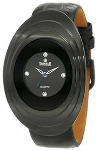 NEW Swistar 107-26L Women's Oval Case Blue Seconds Hand All Black Leather Watch - Picture 1 of 3