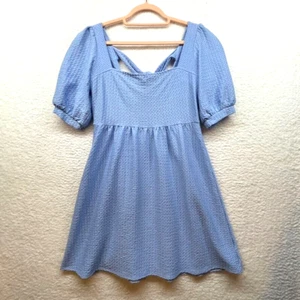 City Vibe Dress Women Medium Blue Puff Sleeve Tie A Line Knit Cottage Core Mini - Picture 1 of 11