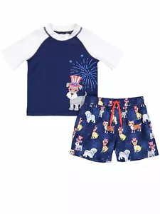 Kiko & Max Toddler Boys Blue American Flag Dog Rash Guard Shirt & Swim Trunks 4T - Picture 1 of 6