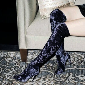 JIMMY CHOO 38 Toni Over the Knee Navy Stretch Velvet Boots 7.5 WORN 1x - Picture 1 of 5