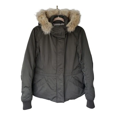 Theory Parka Puffer Jacket Olive Green Down Insulation Hood With Coyote Fur M - Image 1 of 4