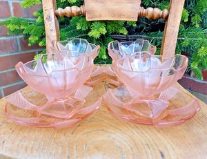 Vintage Set of Four Art Deco Glass Dessert Bowls and Four Saucers - Picture 1 of 20