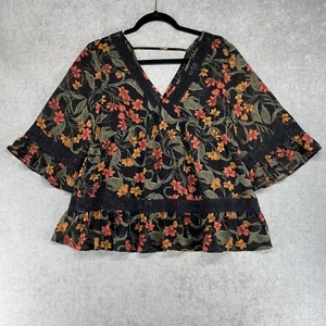Dr2 Shirt Womens M Floral Black Lace Trim Short Bell Sleeve Casual Top - Picture 1 of 8