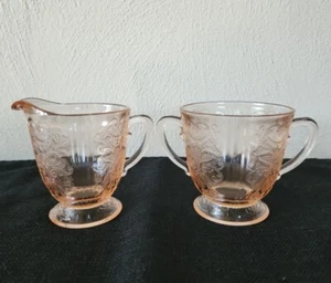 Juego de Crema y Tazón de Azúcar de Colección Hazel Atlas Rosa Depresión Vidrio Encaje Real - Imagen 1 de 21