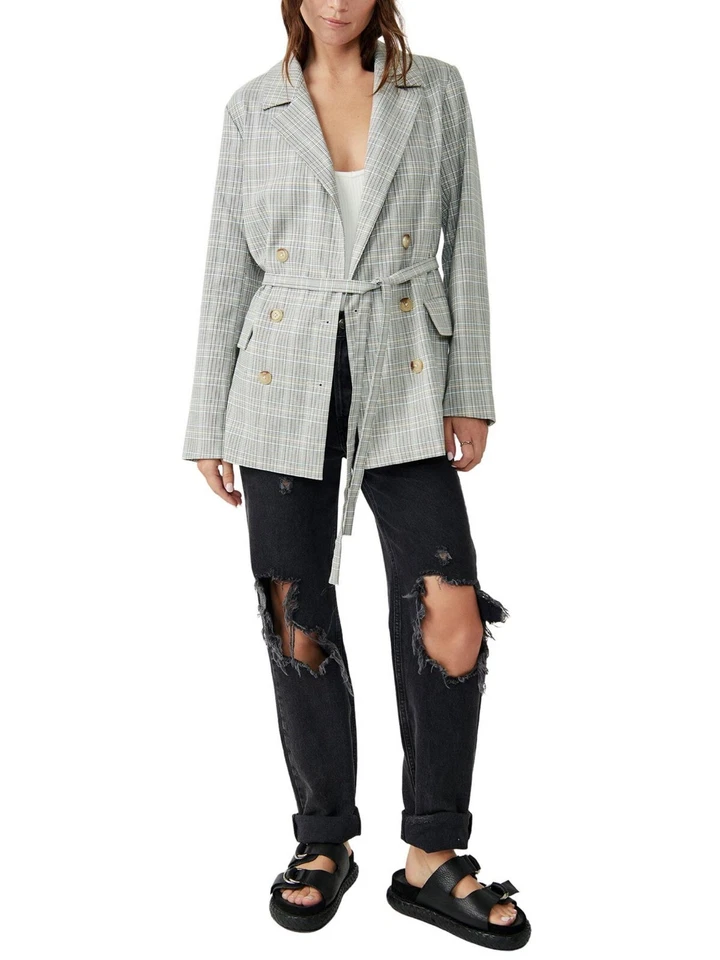 Free People Plaid Check Blazer Womens XS Grey Double Breasted Belted Oversized - Image 1 of 4