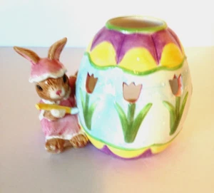 Easter Bunny Painting Pastel Colored Eggs Ceramic Holiday Votive Candle Holder - Picture 1 of 9