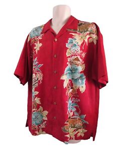 Tommy Bahama Red Silk Hawaiian Tiki Movie Set Floral Mens Shirt L EUC