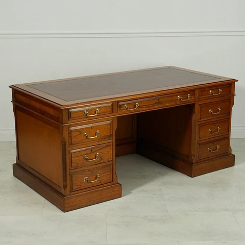 Executive English Pedestal Desk Oak Brass and Genuine Brown leather Cover