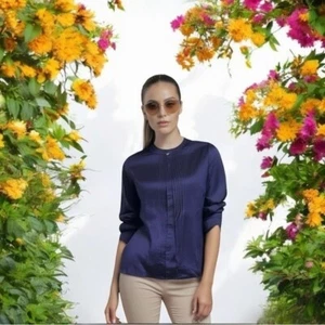 Top donna Banana Republic blu top blusa manica lunga camicia bottoni davanti blusa - Foto 1 di 6