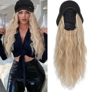 Baseball Hat Beret Cap with Hair Synthetic Long Wavy Hair Wigs Caps for Women US - Picture 1 of 70