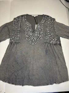 Solitaire Anthropologie Neu mit Etikett Top Damen grau bestickt Bauern Boho Größe S - Bild 1 von 12
