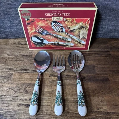 Spode Xmas Tree 3 Piece Cutlery Set Serving Spoon Meat Fork Slotted Spoon Server - Image 1 of 4