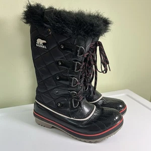 Sorel Tofino Winter Boots Womens 7 Black Pink Fur Trim Waterproof Quilted - Picture 1 of 12