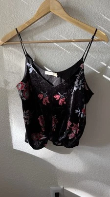 LUSH Tank Top  Velvet Boho Floral Black Peach Size S Tied Up Front - Image 1 of 4