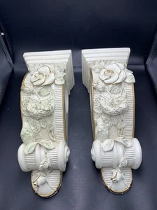 2 Corbels Wall Shelf Curtain Rod Holder Plaster Stone Look Birds Roses 10.5” - Picture 1 of 13