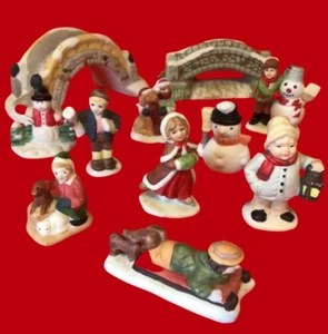 CHRISTMAS VILLAGE ACCESSORIES FIGURINES PEOPLE BRIDGES SET OF 11 - Picture 1 of 17