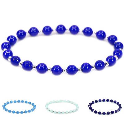 Bracciale con Perle blu turchese nero Acciaio argento da Uomo Donna braccialetto - Immagine 1 di 2