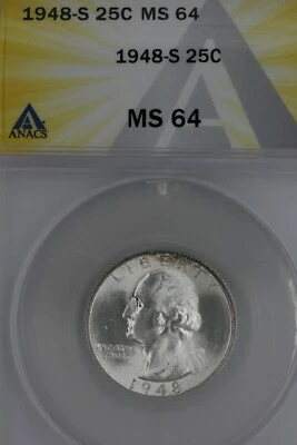 1948-S  .25  ANACS  MS 64  Washington Quarter, Silver 25 Cents (.25) - Image 1 of 2