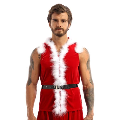 Sexy Mens Christmas Santa Claus Costume set Xmas Velvet Vest Tops with Shorts - Image 1 of 3
