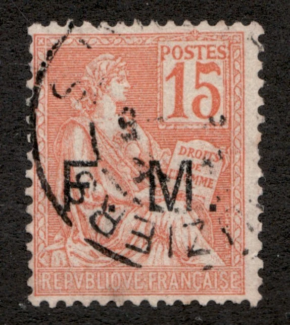 1901 France Sc# M1 Military Postage - 15¢, F.M. overprint. Used stamp Cv$6 - Image 1 of 1