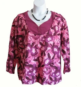NEW Knit TOP Layered Look Plus Size 1X 18W 20W Shirt Pink Roses Henley Casual - Picture 1 of 7