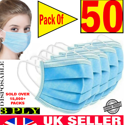 -50 X 3 PLY DISPOSABLE FACE MASK - NON SURGICAL BREATHABLE MOUTH GUARD COVER UK • 2.75£