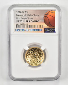 2020-W PF70 UCam $5 Gold Basketball HOF NGC Basketball Label *0775
