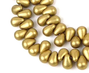 50 Czech Glass Teardrop Beads - Matte Metallic Flax Gold 6x4mm - Picture 1 of 3