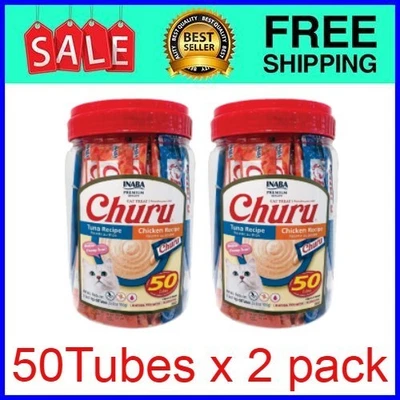 INABA Churu Creamy Lickable Wet Cat Treats 0.5oz 50ct, Tuna&Chicken Variety x2p - Image 1 of 4