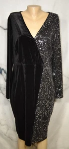 EMVIE'S FASHIONS Black Velvet Long Sleeve Dress XL Sequined Side and Arm Unlined - Picture 1 of 8