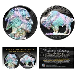 1930's Original Indian Head Buffalo Nickel Coin - BLACK RUTHENIUM & SILVER HOLO - Picture 1 of 4
