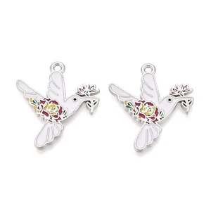 10 Stunning White Bird with Flowers Silver Tone Pendants with Enamel Detail - Picture 1 of 2