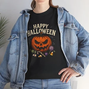 Camiseta de Algodón Pesado Unisex Temática de Halloween, Camiseta Gráfica Espeluznante, Calabaza [...] - Imagen 1 de 13