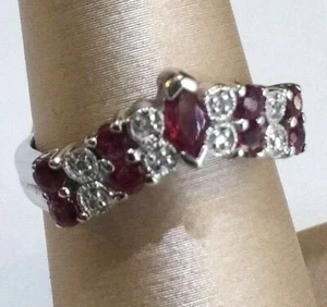 10K White Gold Ruby & Diamond Cocktail Ring Sz. 5.5 - Picture 1 of 4