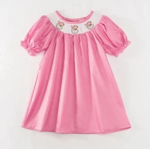 NEW Boutique Christmas Santa Girls Pink Smocked Embroidered Dress - Picture 1 of 6