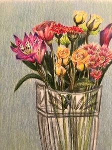 colored pencil  original drawing flowers freesia and yellow rose - Picture 1 of 3