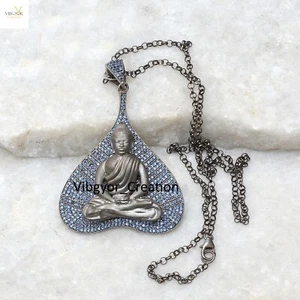 Colgante Buda de piedras preciosas de zafiro de plata 925 cadena de eslabones de 18" joyería religiosa - Imagen 1 de 4