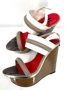 90er Jahre Charles Jourdan rot braun Luxus Leder Keilabsatz Sandalen Plateau Schuhe Gr. 37 - Bild 1 von 11