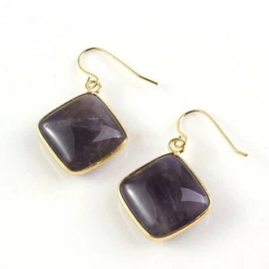 Classic 17mm Purple Square Natural Amethyst Gemstone Gold Plated Dangle Earrings - Picture 1 of 8