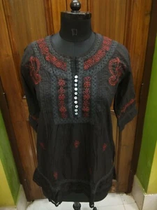 KURTI SHORT TUCKS L 42" TOP 100% COTTON HANDMADE ETHNIC CHIKAN EMBROIDERY KURTA - Picture 1 of 7
