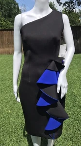 Vestido Nero By Jatin Varma Nuevo con Etiquetas Talla 2 Un Hombro Negro y Azul Volantes - Imagen 1 de 8