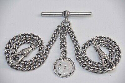 ANTIQUE DOUBLE ALBERT POCKET WATCH CHAIN With 1917 SILVER COIN FOB • 5.50£